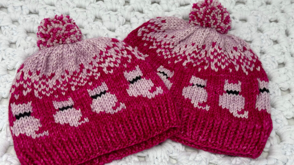 A photo of 2 hand knitted Cat-Tastic Hats made with bright pink yarn with light pink cats